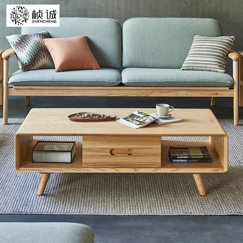 Day-style log tea table minimalist living-room small family type white wax wood rectangular home original wood color tea table minimalist Hyundai-Taobao