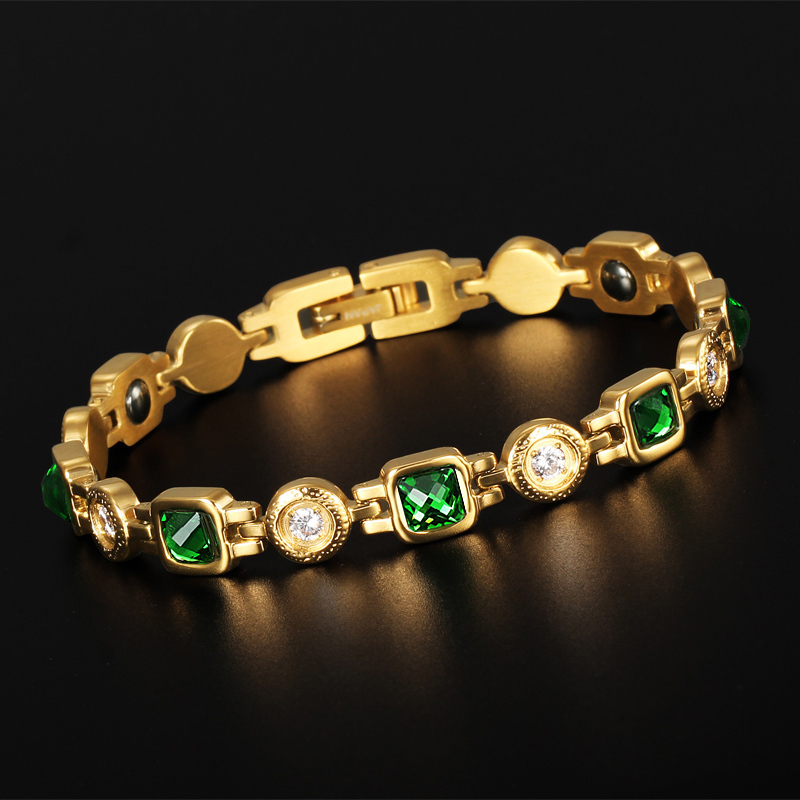 High-End Emerald 18K Rose Gold Titanium Steel Non-Fading Germanium Stone Bracelet for Women, Light Luxury Zircon Magnetic Jewelry