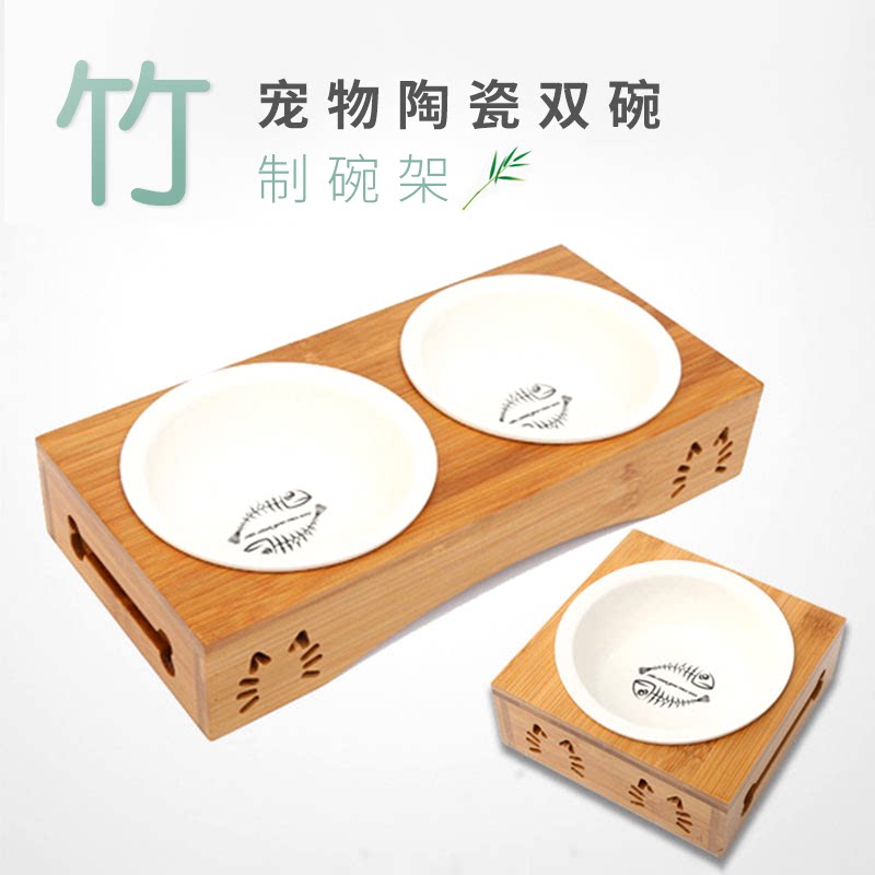 Cat Bowl Double Bowl Cat Food Basin Bamboo Rack Ceramic Cat Rice Bowl Drinking Water Stainless Steel Cat Food Bowl Dog Bowl Basin Cat Supplies