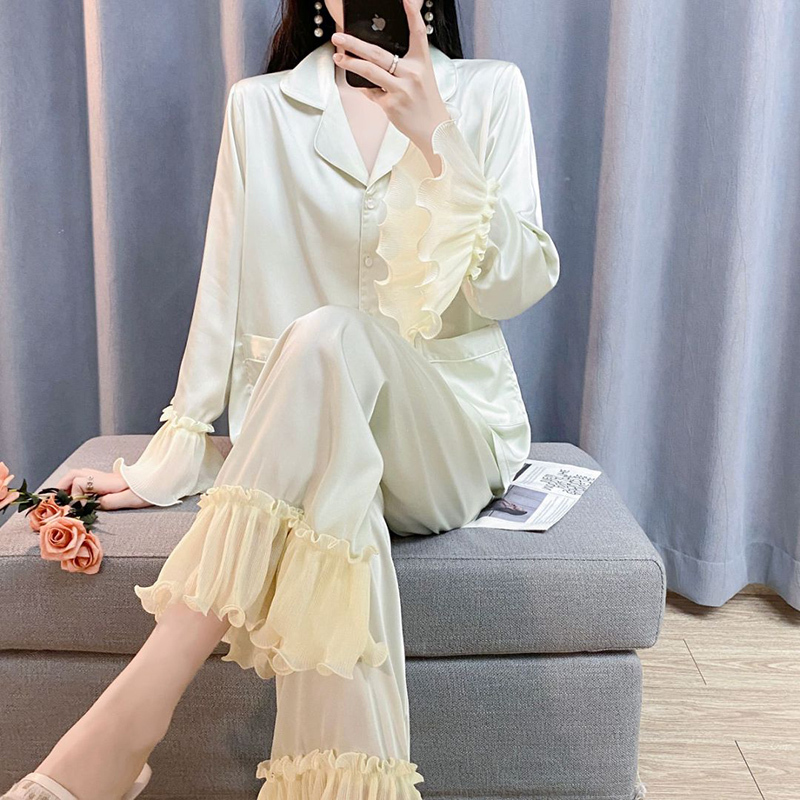 Ice Silk Pajamas for Women, Spring and Autumn Long-Sleeved, Thin Summer Style, 2026 New Ruffled High-End Silk Loungewear Set