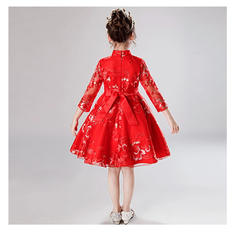Váy trẻ em nữ cao cấp màu đỏ váy công chúa fluffy vải tuyn hoa cô gái piano trang phục cô gái chủ trang phục buổi tối - Váy trẻ em