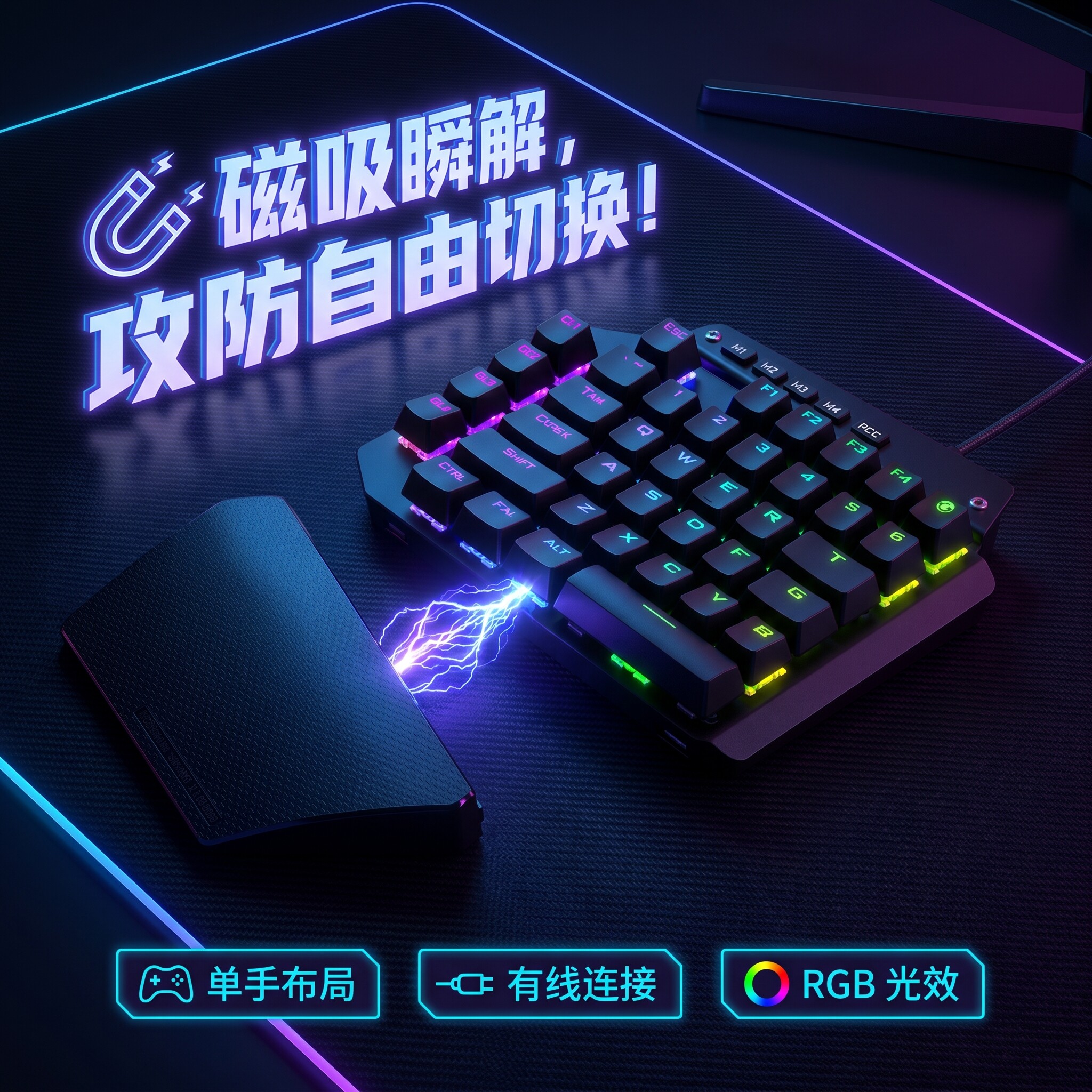 片手操作対応のメカニカルゲーミングキーボード。eスポーツ向けに設計され、左手での使用に適した小型で持ち運びやすく、PCや携帯電話、USB有線周辺機器に適しています。