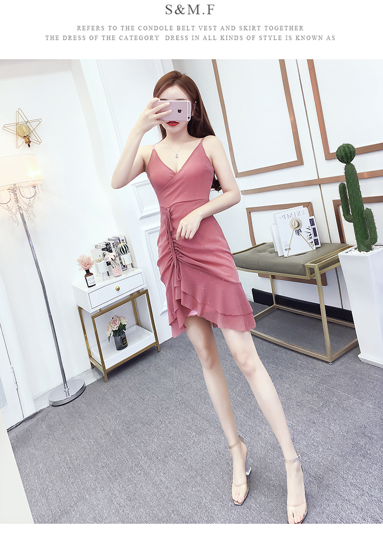 VK旗艦店 韓系交叉V領亮片網紗荷葉邊細肩帶無袖洋裝