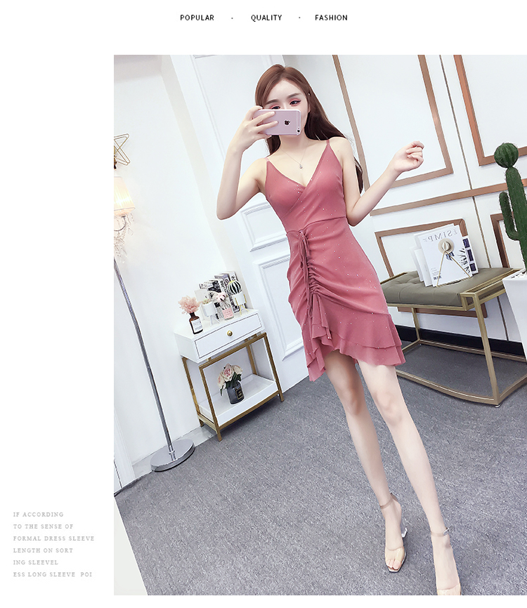 VK旗艦店 韓系交叉V領亮片網紗荷葉邊細肩帶無袖洋裝