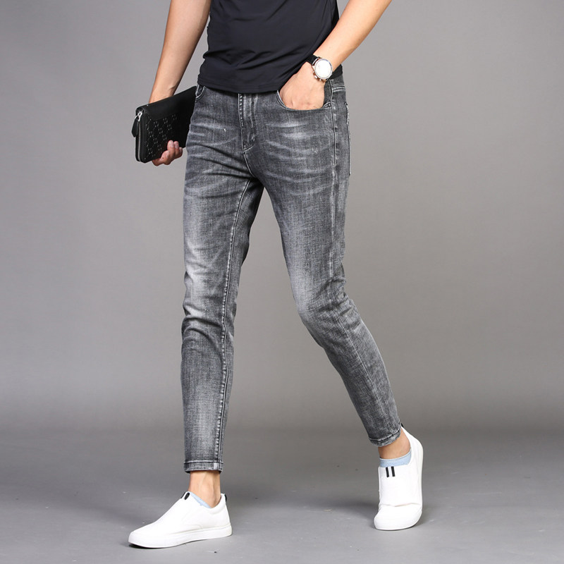 Men's high-end jeans summer thin section smoky gray slim fit feet Korean style trendy casual elastic nine-point pants