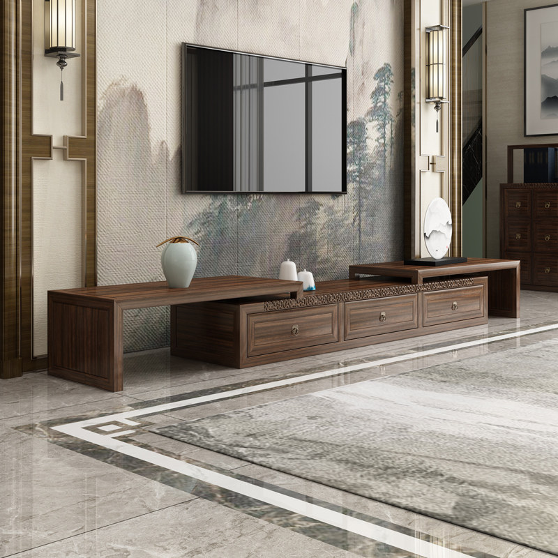 Leaf leaf living room Chinese-style wood stretching TV cabinet simple light luxury combination package Zen dwarf cabinet Black sandal furniture