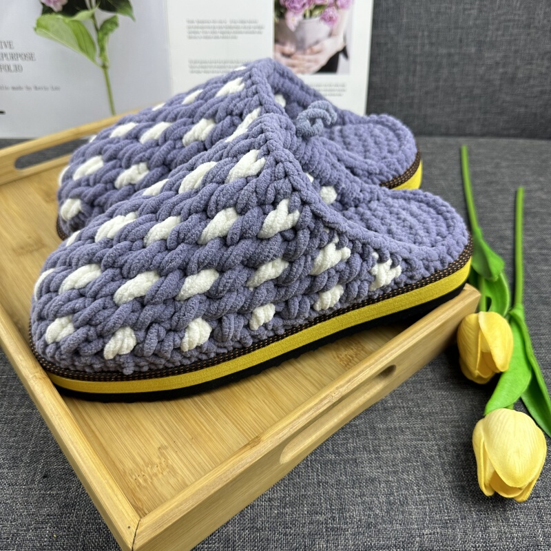 Handmade Knitted Ice Yarn Slippers for Home Use, Adult Thick Yarn Crochet Non-Slip Warm Slippers Finished Product 
