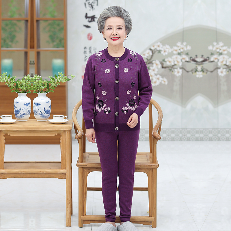 Người già ấm phụ nữ đồ lót 60-70-80 tuổi già cộng với nhung cộng dày cardigan bộ granny bộ dưới hai bộ.