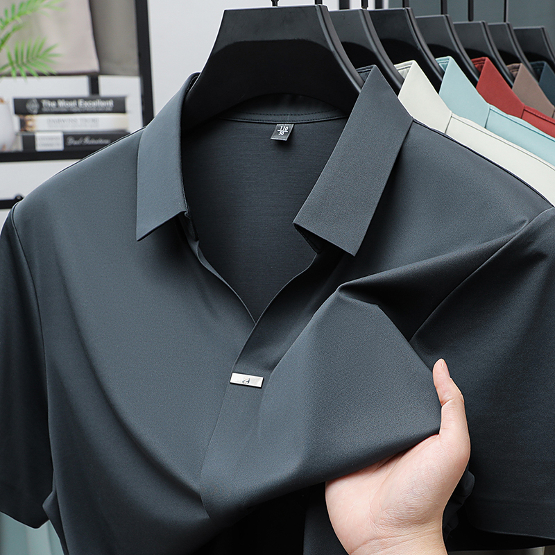 Silk Short-Sleeve T-Shirt with Seagull Collar for Middle-Aged Men, New Summer Style, Ice Silk Cool-Feel Lapel Half-Sleeve Dad T-Shirt