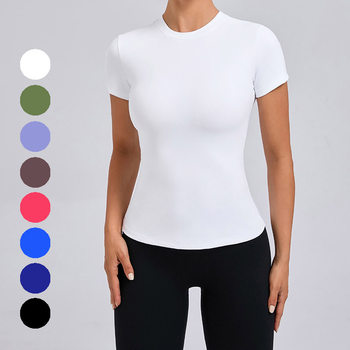 No chest pad, european and american solid color sports t-shirt for women, quick-drying yoga wear, short-sleeved fitness top, running casual bottoming