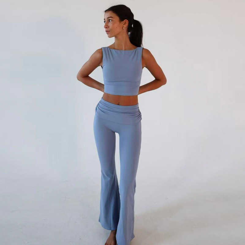 European and American Style Cloud-Feel Yoga Set for Women, Quick-Drying, Beautiful Back Sports Top, Breathable Fitness Tank Top, Fold-Over Waistband, Slightly Flared Pants
