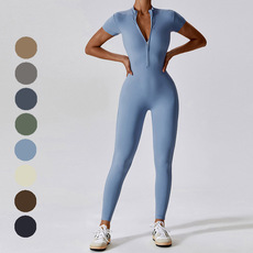 Купальник йога 欧美速干裸感瑜伽连体服女拉链外穿健身运动连体紧身衣短袖长裤