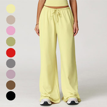 European, american and south korean silk sports trousers for women, draped wide-leg pants, loose casual pants, fitness pants with elastic drawstrings and pockets