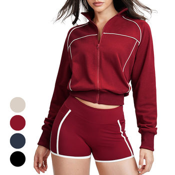 French terry cotton stand collar contrast color sports jacket women's zipper spring and autumn warm casual sports sweatshirt running fitness top