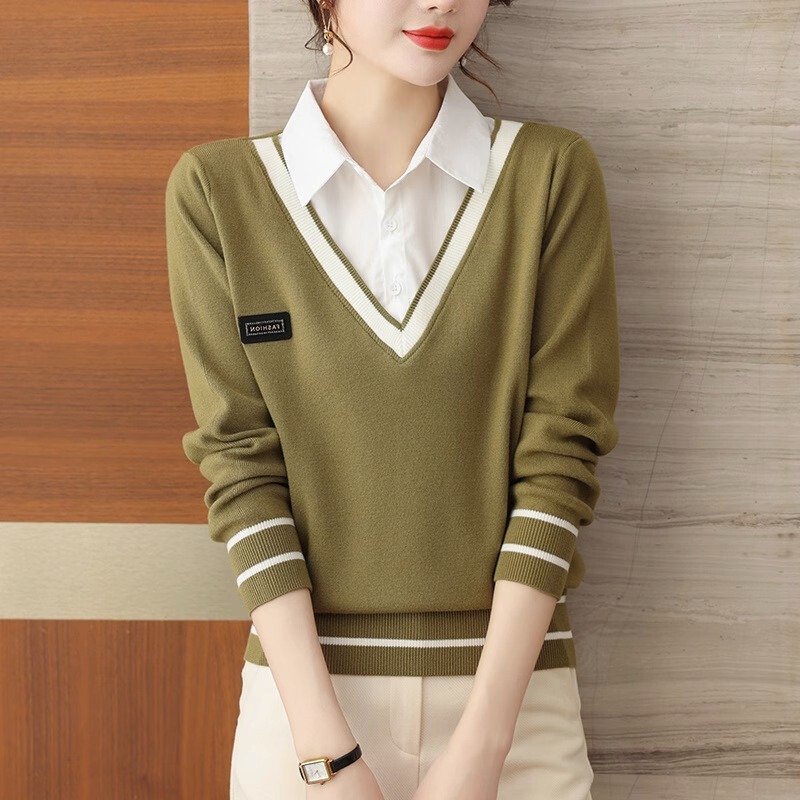 2024 New Design Niche Fake Two-Piece Shirt Collar Knit Sweater for Women, Fashionable and Stylish Autumn Top 2024 New Design Niche Fake Two-Piece Shirt Collar Knit Sweater for Women, Fashionable and Stylish Autumn Top