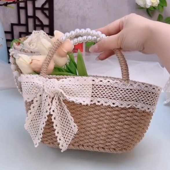 [Finished Product] Retro Style Hand-Woven Hemp Rope Handbag Casual Basket Pastoral Vacation Bag Gift Bag