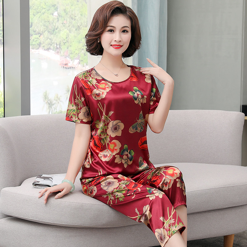 Pajamas women middle-aged and elderly short-sleeved ice silk imitation silk two-piece suit loose large size thin home clothes summer