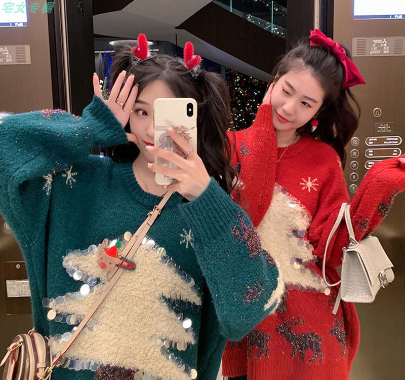 Annual Meeting Christmas Sweater for Women, French Style, Youthful, Loose, Lazy Style, Design with Sequins, Knitted Thick Top
