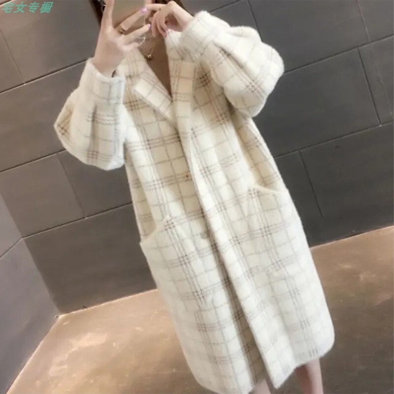 2022 Autumn and Winter New Mink Fur Coat Korean Style Loose Versatile Mid-Length Thick Woolen Plaid Outerwear