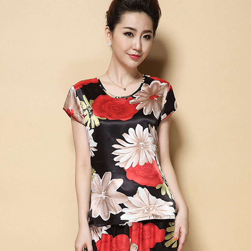 Mùa hè trung niên mẹ ladies silk đồ ngủ mỏng dài tay mùa hè ngắn tay băng lụa của phụ nữ dịch vụ nhà phù hợp với