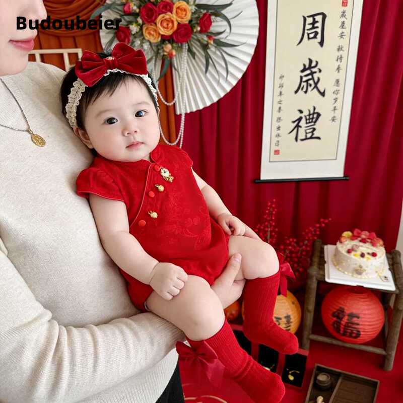 British Baby Girl Red Short-Sleeved Romper Summer Thin New Chinese-Style Romper Full Moon Hundred-Day Celebration Jumpsuit