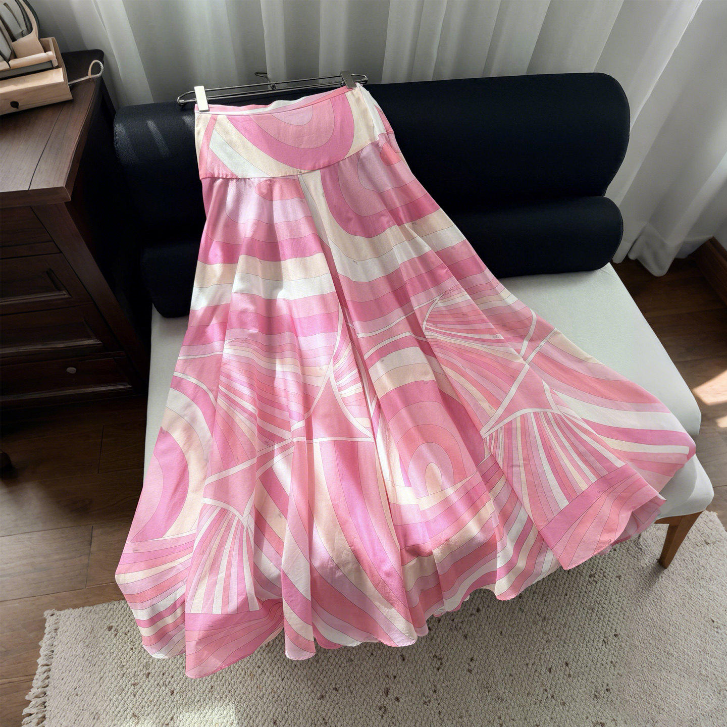 欧美大牌减龄甜美巴胺风微透条纹印花半身裙女高腰大摆百褶度假裙