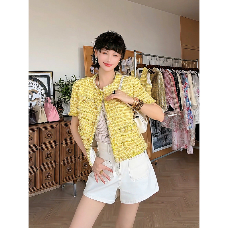 Mr Jiujiu Jinzhanli_ French Legendary Tdc Wool Glitter Tweed Hand-Crocheted Beaded Edge Chanel-Style Short Sleeve Jacket Vest