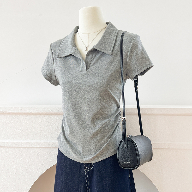 Gray Polo Collar Short-Sleeved T-Shirt for Women, Summer 2026 New Style, Simple Waist-Cinching Slimming Half-Sleeve Short Top Gray Polo Collar Short-Sleeved T-Shirt for Women, Summer 2026 New Style, Simple Waist-Cinching Slimming Half-Sleeve Short Top
