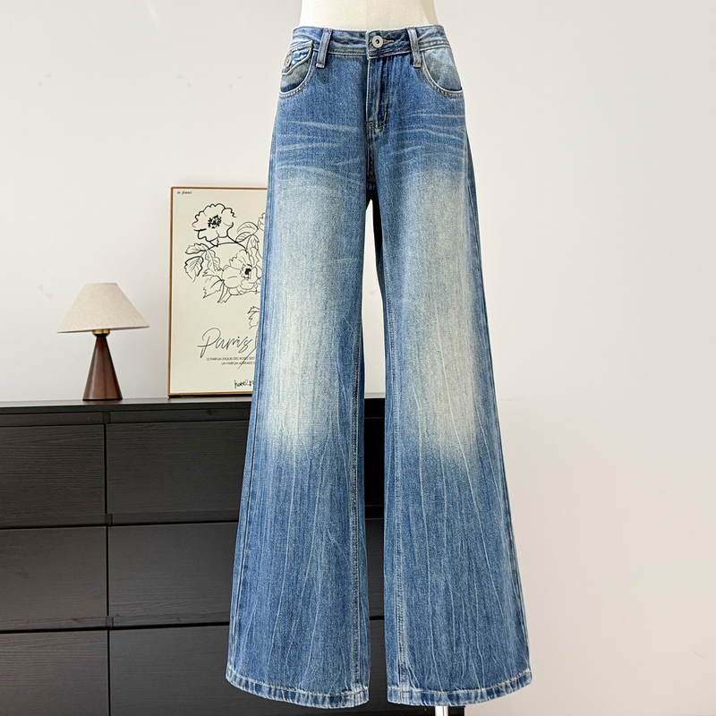 American Retro High-Waisted Wide-Leg Jeans for Women 2026 Summer Vintage Blue Straight-Leg Drapey Slimming High Street Style Long Pants
