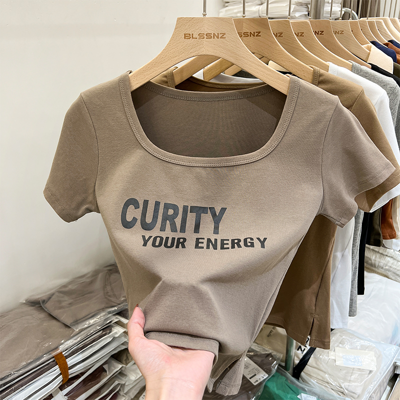 European Style Short-Sleeved T-Shirt for Women, Summer 2026 New American Retro Split Short Square-Neck Top Half-Sleeve T-Shirt