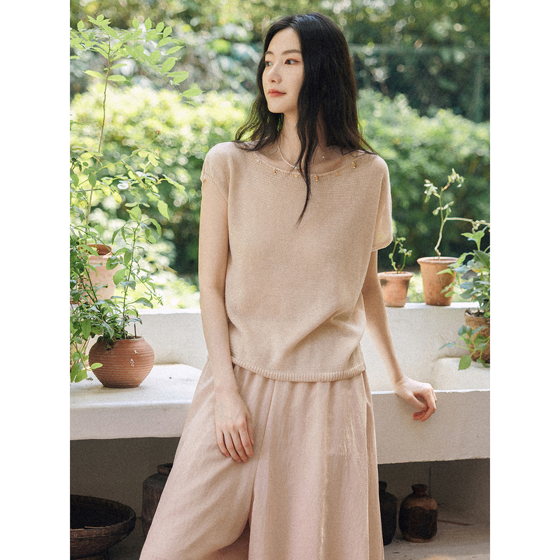 Annata Almond Milk Tea Airy French Wool Crew Neck Loose Knit Short Sleeve Women's Summer Thin Top
