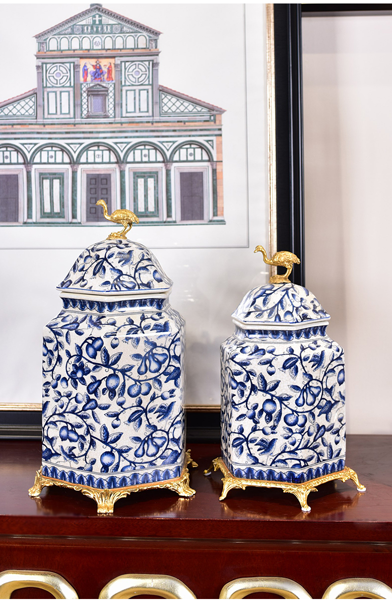 New Chinese style key-2 luxury blue and white porcelain with general copper pot sitting room porch TV ark, sample room adornment is placed