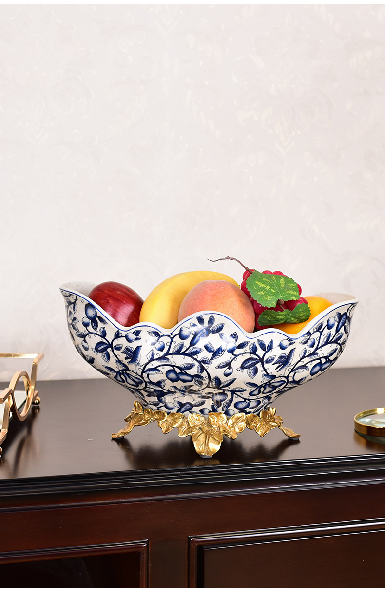 New Chinese style metal ceramic bowl of blue and white porcelain tea table decoration light key-2 luxury furnishing articles American fruit bowl high household