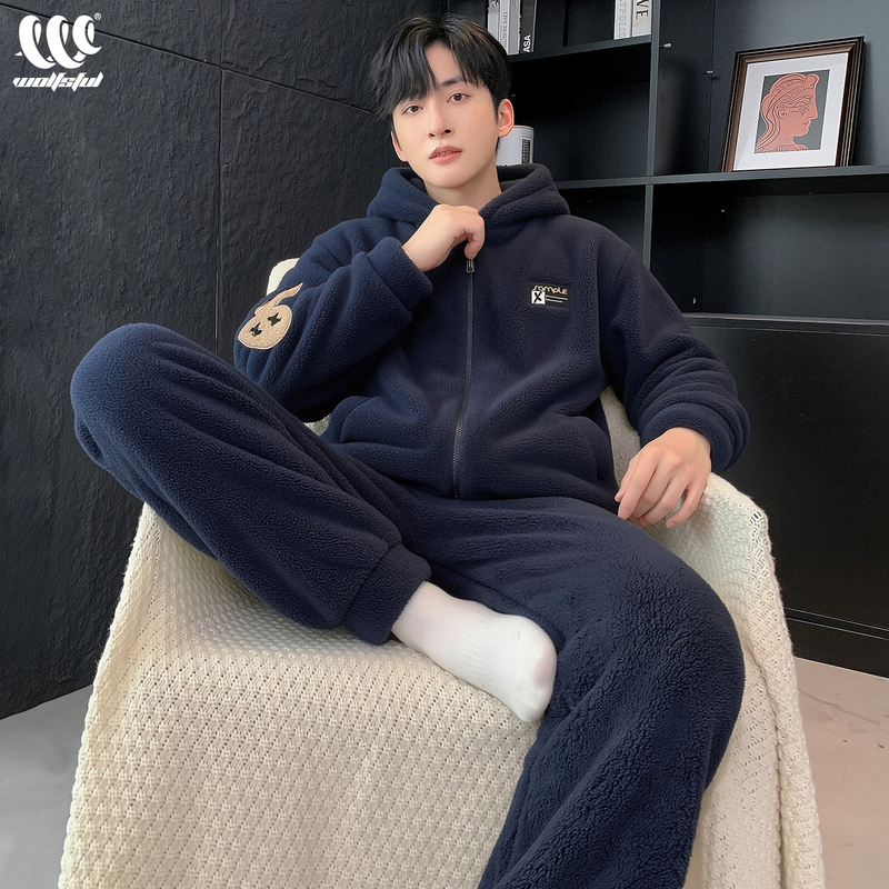 Men's Coral Velvet Pajamas, Autumn and Winter Fleece-Lined, Thickeneded and Warm, Hooded Zipper, Flannel Home Clothes Set, Can Be Worn Outside Men's Coral Velvet Pajamas, Autumn and Winter Fleece-Lined, Thickeneded and Warm, Hooded Zipper, Flannel Home Clothes Set, Can Be Worn Outside