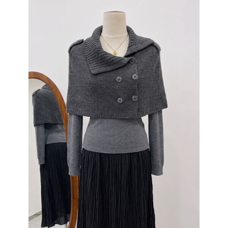 Painted Sheep Lapel Collar Sweater Knitted Cape Shawl Cardigan + Round Neck Striped Base Shirt Set