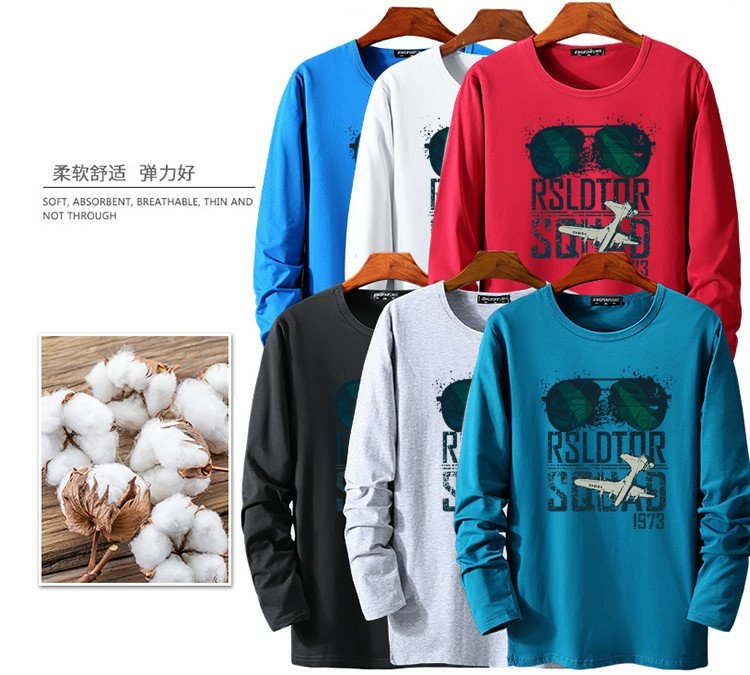 Mùa xuân và mùa thu nam áo thun dài tay cộng với phân bón XL co giãn cotton mỏng phần quần áo mùa thu cổ tròn rộng cơ bản chất béo áo thun nam đẹp
