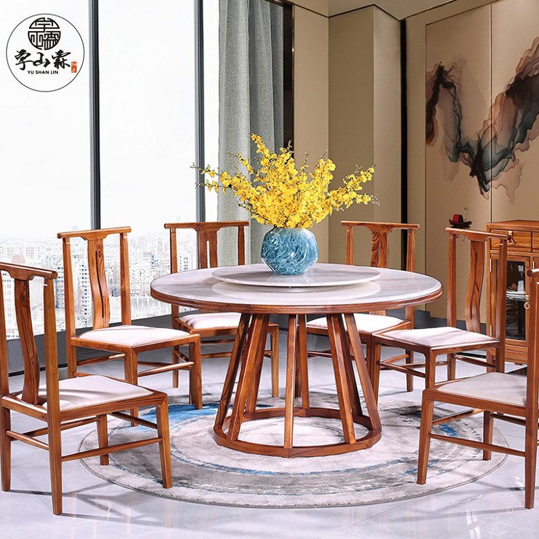 Woo Shan Lin Teak Teak Wood New Chinese Style Chandy Dining Table Dining Chair Marble Round Table With Turntable CH-T10J-A