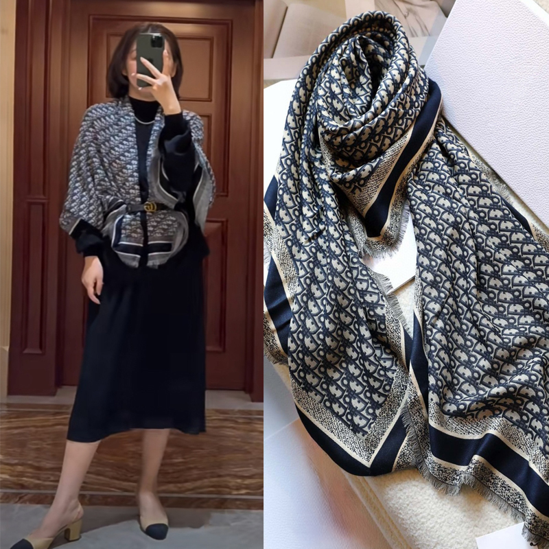 Classic Navy Blue Monogrammed Silk Wool Shawl, High-End Versatile Large Square Scarf for Autumn and Winter, Gray Scarf