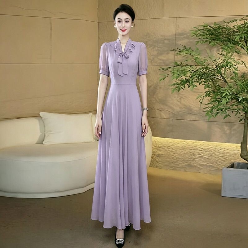 2026 New Style Light Luxury Elegant Slimming and Graceful Dress, Fashionable High-End Purple French Chiffon Long Dress