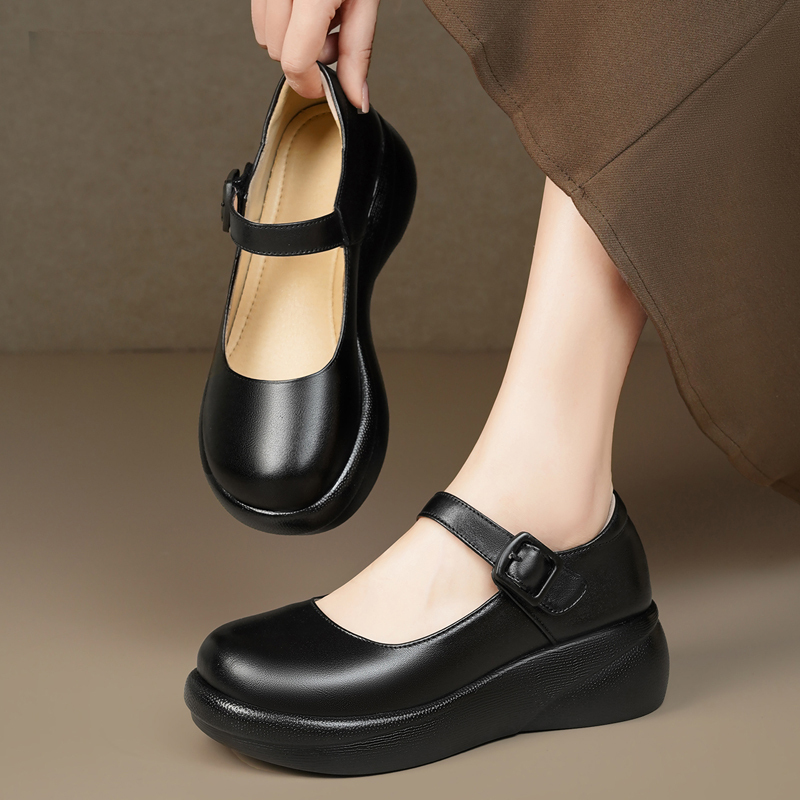 Genuine Leather Women's Shoes 2026 New Style Elegant to Match Skirts Velcro Platform Thick-Soled Wedge Large Size Mary Jane Shoes