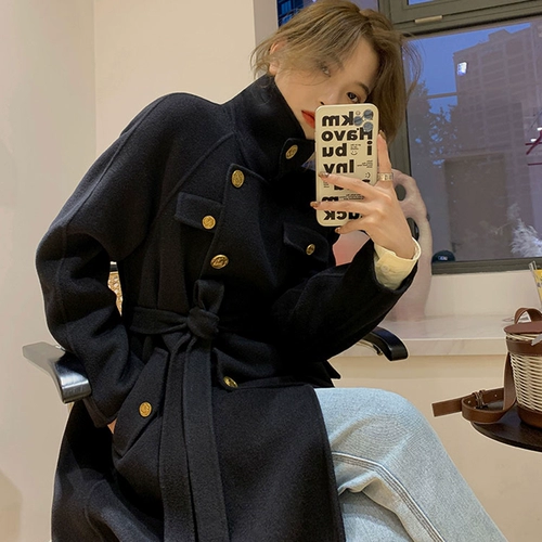 Зимний приталенный черный длинный корсет, шерстяное пальто, изысканный стиль, средней длины