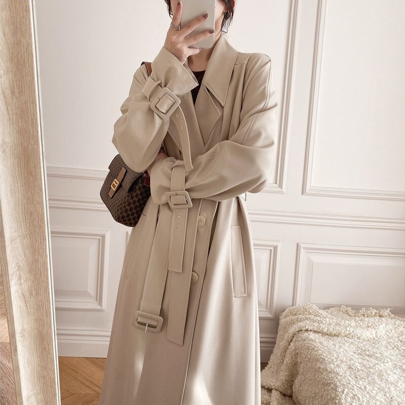 2021 Early autumn new windcoat jacket Women's medium long version Fashion style Temperament Spring Autumn Rice White Coat