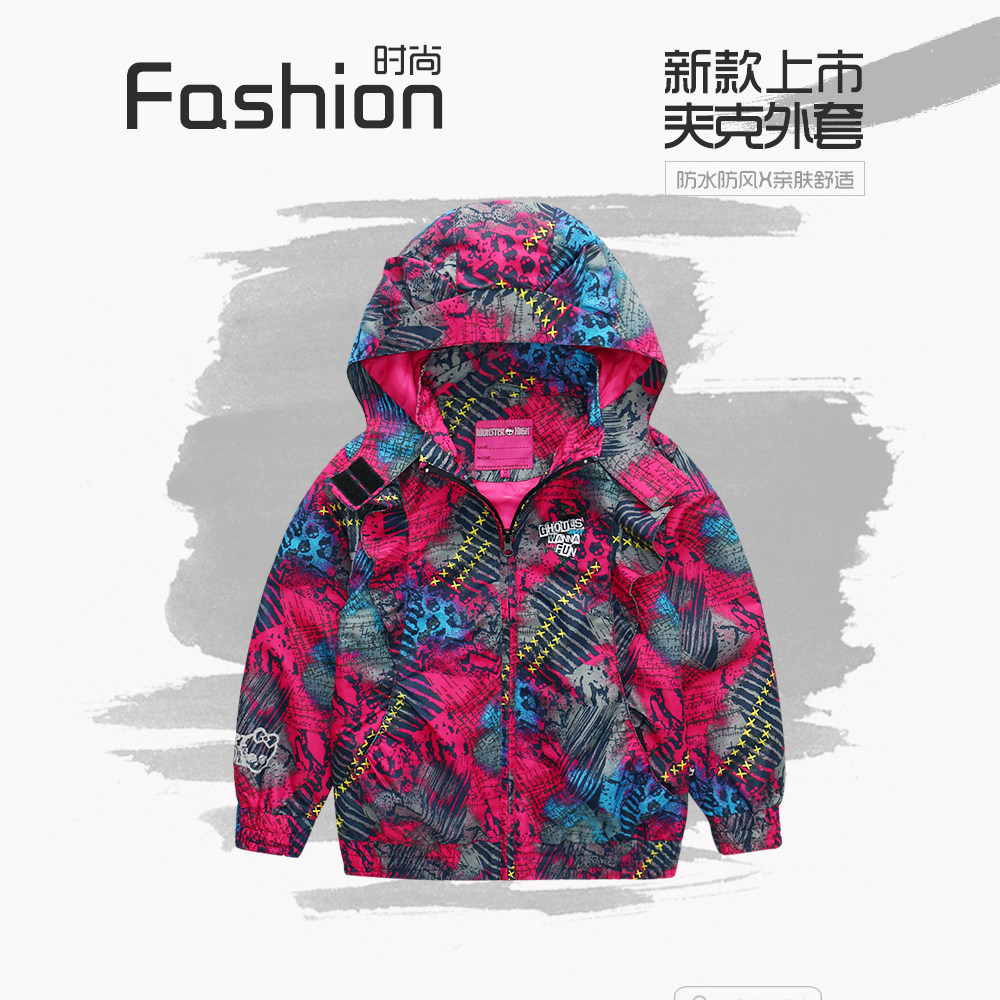 Children's coat spring and autumn new camouflage cartoon warm waterproof breathable safety hooded girl's jacket baby coat