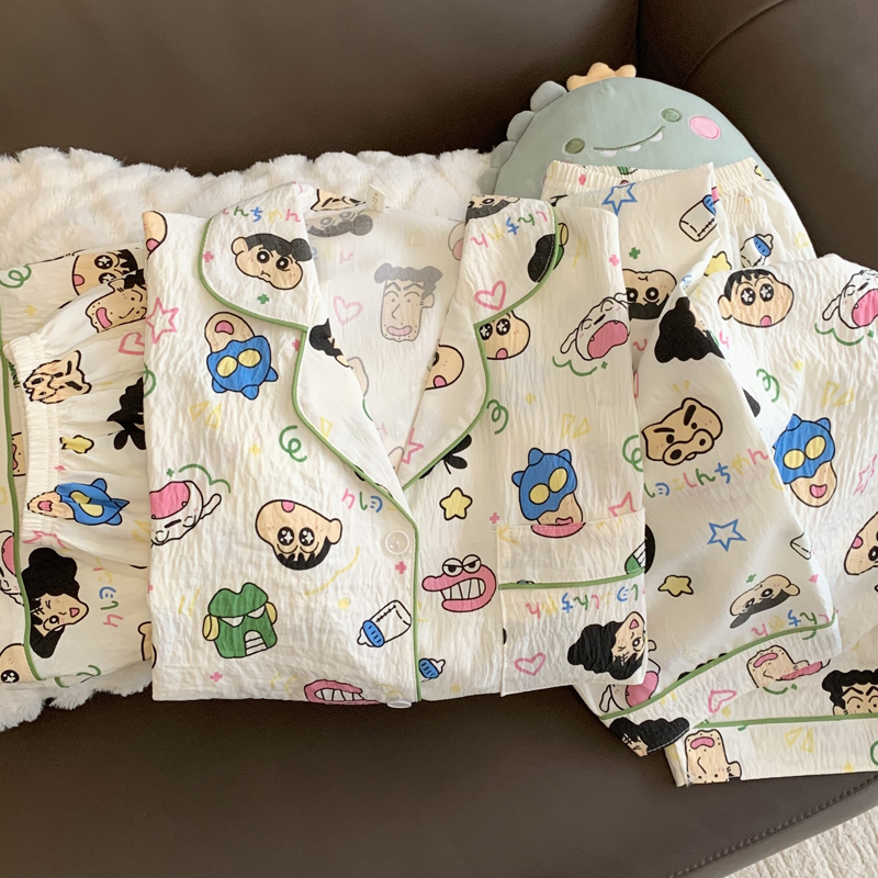 Japanese-Style Cartoon Pajamas for Women, Short-Sleeved Long Pants, Spring and Summer Three-Piece Set, Cute Crayon Shin-Chan Cardigan Loungewear for Summer