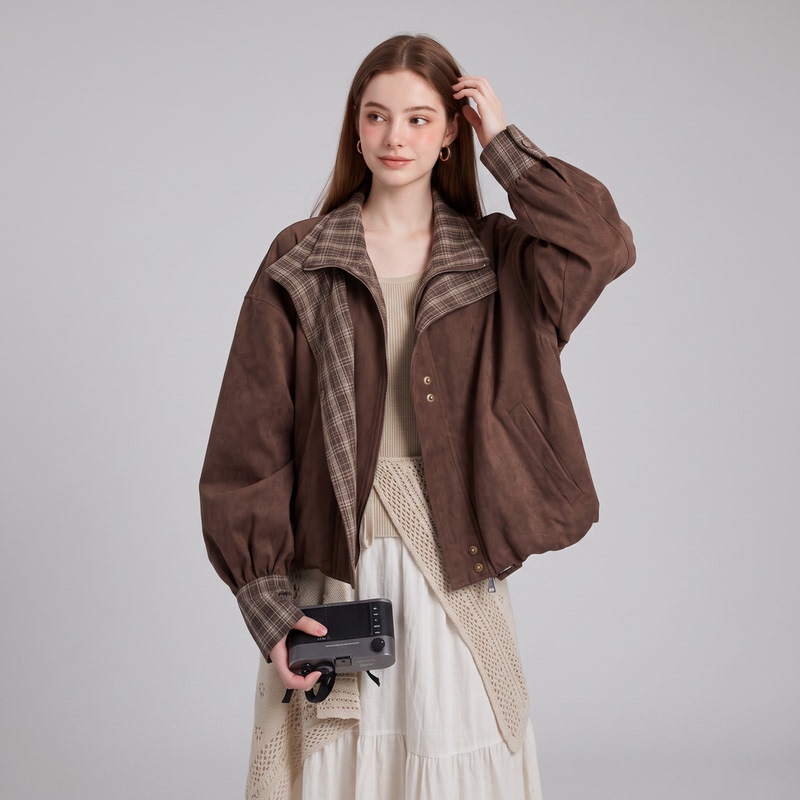 Melard Design-Inspired Plaid Patchwork Short Jacket for Women, 2026 Autumn Casual Versatile Lazy Workwear Jacket