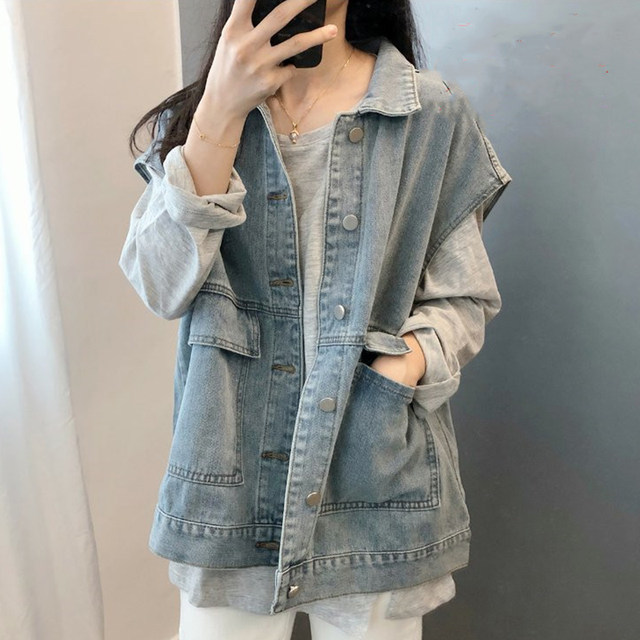 Spring and autumn 2023 new large size fat mm denim vest women's loose outerwear sleeveless vest tooling jacket tops