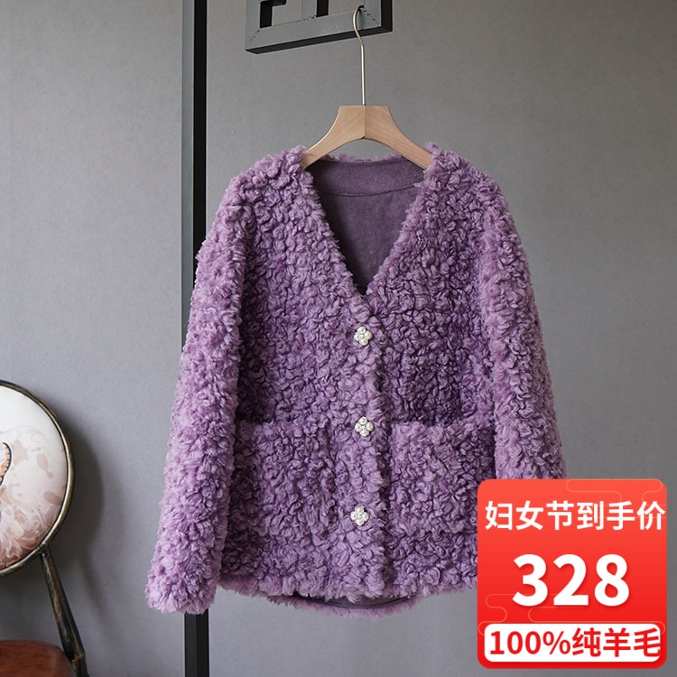 Autumn Winter new V neckline wool jacket female caramela roll sheep cut velvet big coat composite fur integrated short and small balsamy