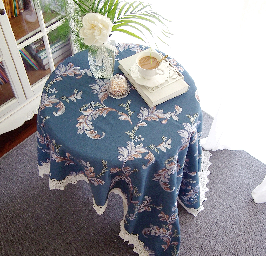 European retro embroidery thickened cotton rectangular tablecloth French dark blue tea side several buckets dust cover