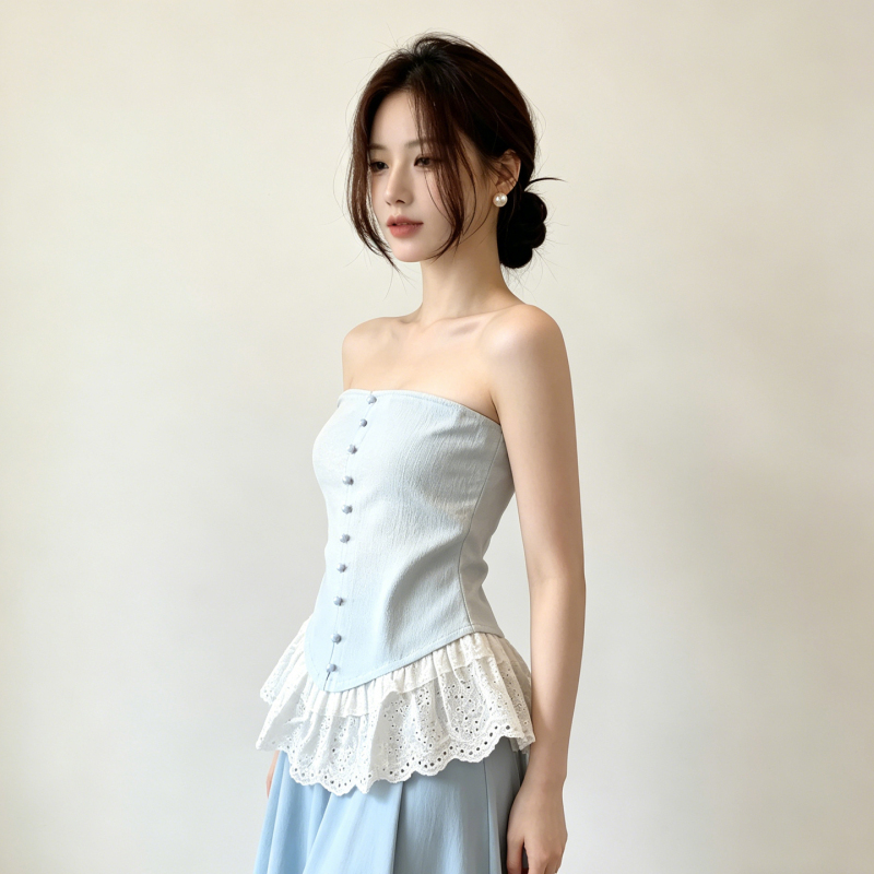 Blue Sweet Lace Patchwork Button-Up Tube Top for Women, Summer Workwear, Slim Fit, Versatile, First Love Vibe, Slimming Top