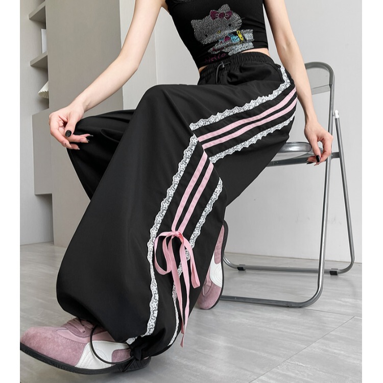 Black Bow Ribbon Wide-Leg Pants for Women, Spring and Summer, Sweet, Quick-Drying, Two-Way Wear, Sports Workwear Straight-Leg Pants